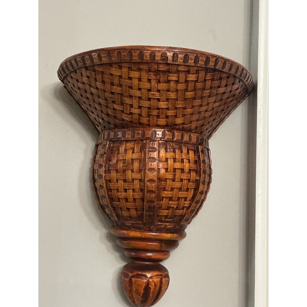 Vintage Faux Woven Basketweave Wall Pocket Planter Sconce Brown Resin Decor